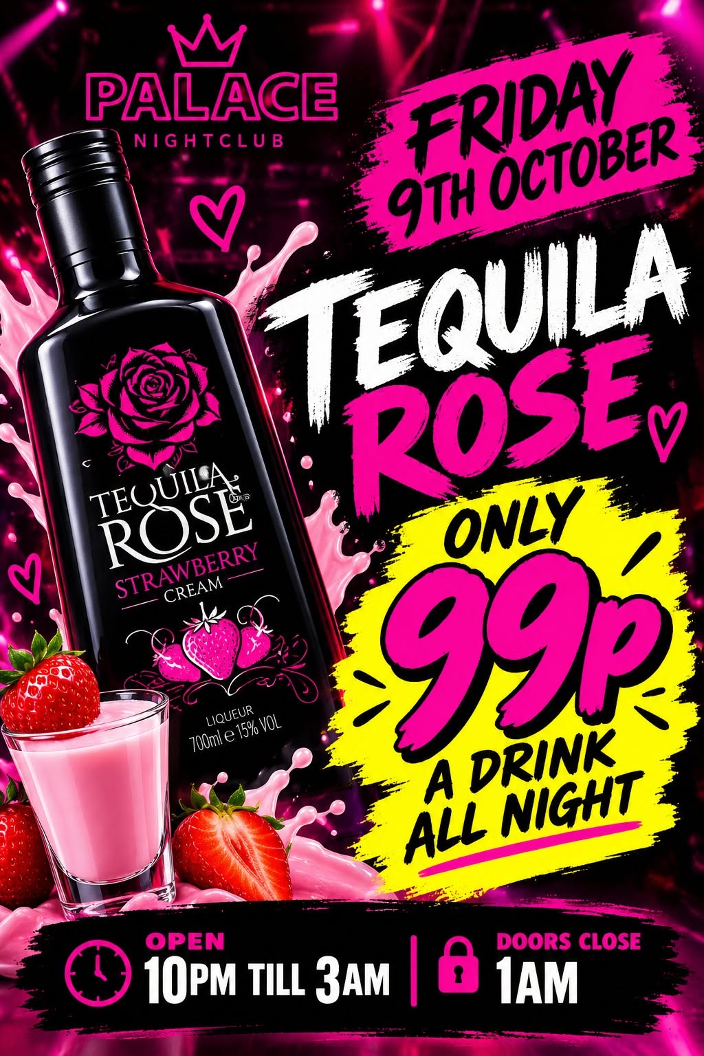 Tequila Rose, 99p a drink, Friday 9 October at The Palace Nightclub
